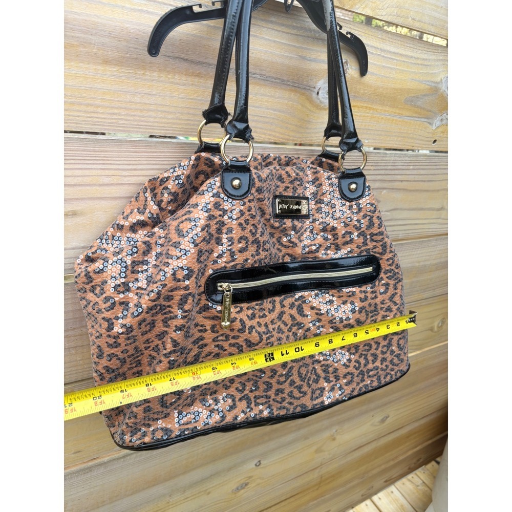 Betsey Johnson Leopard Print Sequin Shoulder Bag Black Patent Trim Gold Hardware - Picture 7 of 15